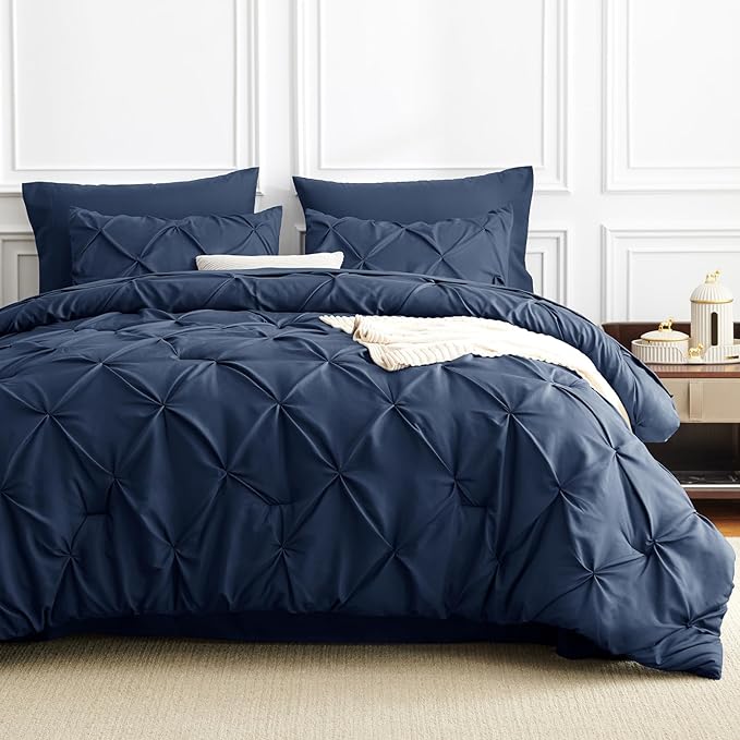 CozyLux Oversized King Comforter Sets Navy Blue, 7 Pieces Oversized King Pintuck Bed in A Bag, Pinch Pleat Bedding Sets with All Season Comforter, Flat Sheet, Fitted Sheet, Pillowcases & Shams