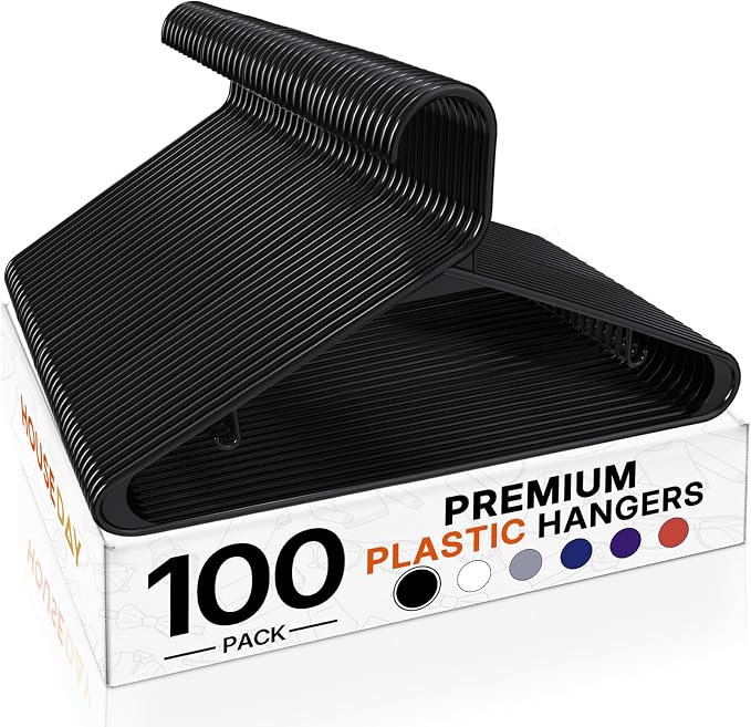 HOUSE DAY Black Plastic Hangers 100 Pack, Plastic Clothes Hangers with Built-in Hooks, Durable and Strong Coat Hangers for Closet, Space Saving Clothing Hanger for Shirts, Coats, Skirt, Dress by HOUSEDAY