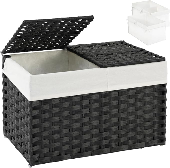 SETVSON Storage Basket with Lid Rattan Woven Storage Baskets with 2 Separate Lids, 17.2 Gallon (65 L), Wicker Storage Bins Foldable, 2 Removable Liner Bags Handles for Bedroom, Laundry Room Black by SETVSON