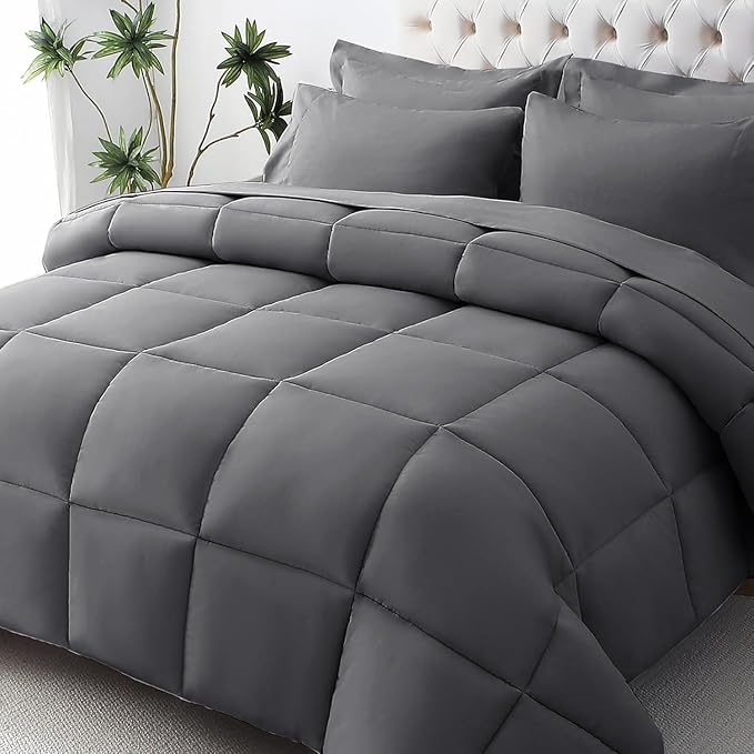 JOLLYVOGUE King Comforter Set, Ultra-Soft Bed in a Bag King Size 7 Pieces, Oeko-TEX Certified Bedding Set with Down Alternative Comforter, Sheets, Pillowcases & Shams, Dark Grey