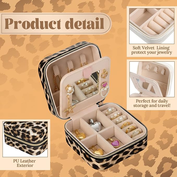 Nosiny 2 Pack Travel Jewelry Case with Mirror Small Laser Jewelry Box Organizer Gifts for Mother's Day Women Rings Earrings(Leopard Print) - Image 3