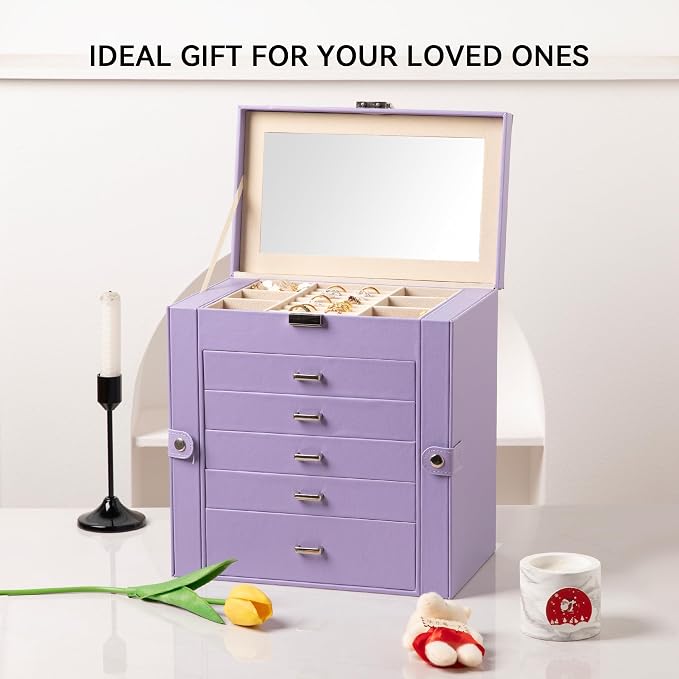 Frebeauty Large Jewelry Box,6-Tier PU Leather Jewelry Organizer,Multi-functional Storage Case with Mirror,Accessories Holder with 5 Drawers for Necklace Bracelets Watches（Purple） - Image 7