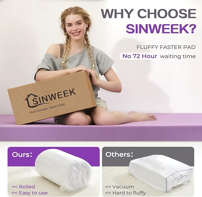 SINWEEK Dual Layer 5 Inch Memory Foam Mattress Topper Twin XL Size for Dorm Room, 3 Inch Gel Memory Foam Plus 2 Inch 1450 GSM Pillow Top Mattress Pad Cover, College Dorm Essentials, White