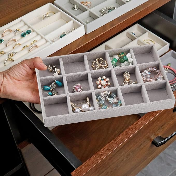 2Pcs 5 x 8.3 Inch Jewelry Drawer Inserts Velvet Jewelry Tray Gray 15 Grids Dresser Earring Drawer with Removable Divider Necklace Organizer Storage Container for Bracelet Ring Watch Display - Image 6