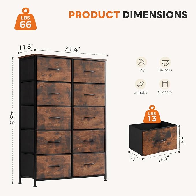 Sweetcrispy 10 Drawer Dresser, Tall Fabric Dresser for Bedroom, Storage Tower with Bins Chest Organizer Unit for Closet, Hallway, Steel Frame Wood Top, Easy Pull Handle, Rustic Brown - Image 3