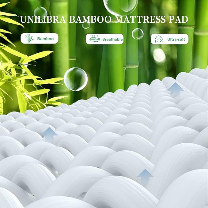 UNILIBRA Full Size Mattress Pad Cooling Rayon from Bamboo, Quilted Fitted Mattress Protector Pillow Top Mattress Cover with Deep Pocket Up to 19 Inches, Ultra Soft Filling Mattress Topper