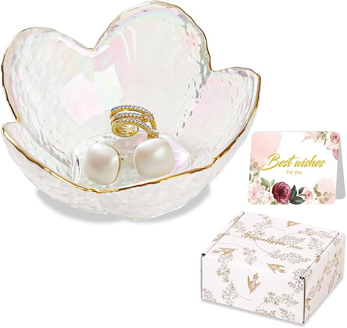 White Flower Jewelry Dish Glass Ring Dish Jewelry Tray Cute Vanity Organizer Room Decor Aesthetic Nightstand Bathroom Decor Trinket Dish Ring Holder Jewellery Tray Valentine's Birthday Gifts for Women by WELOCMETOBINOSTER