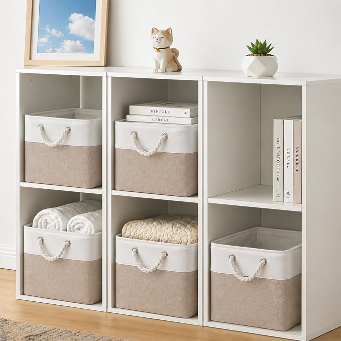 Cube Storage Bins, Collapsible Fabric Storage Cubes Bins, 11 Inch Cube Storage Bins with Handles, Foldable Storage Cubes (White/Beige, 6Pack) - Image 2