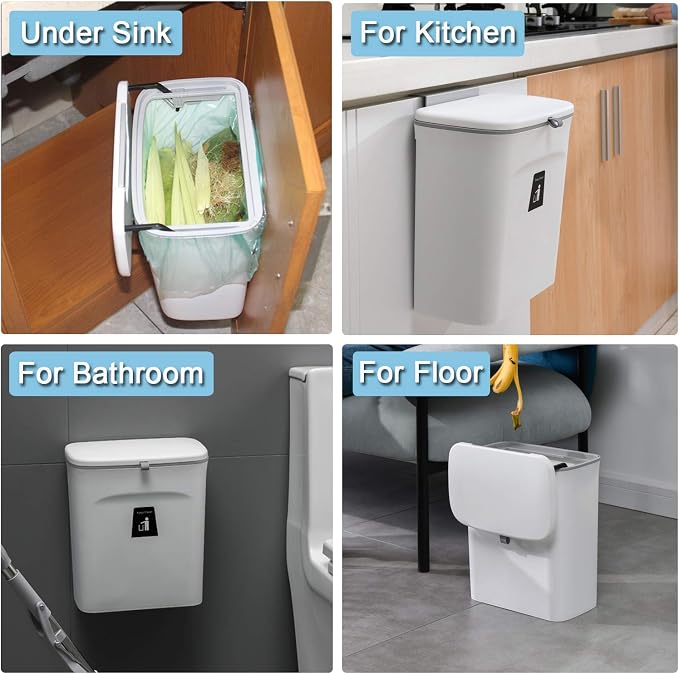 Tiyafuro 2.4 Gallon Kitchen Compost Bin for Counter Top or Under Sink, Hanging Small Trash Can with Lid for Cupboard/Bathroom/Bedroom/Office/Camping, Mountable Indoor Compost Bucket, White - Image 6