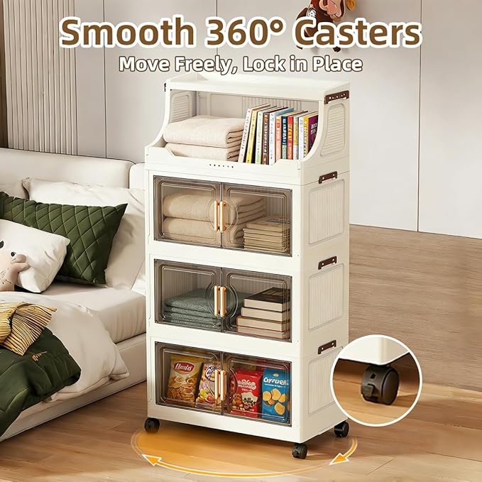 174QT Stackable Storage Bins with Lids & Rack, 4 Tier Large Capacity Foldable Storage Cabinet, Clear Collapsible Pantry Organizer for Home, Kitchen, Bathroom, Dorm, Office