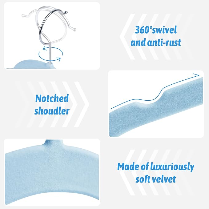 Sishynio 30 Pack Velvet Hangers – Premium Non-Slip Slim Clothes Hangers with 360° Swivel Hook, Space-Saving Flocked Shirt Hangers for Coats, Dresses, Blouses, Suits(Blue) - Image 3