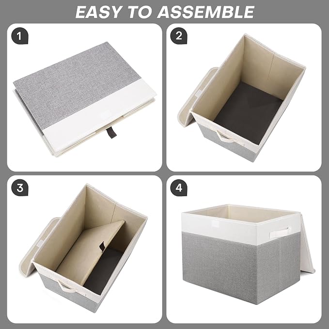 Bagnizer Large 17" 42 Quarts Collapsible Stackable Storage Bins with Lids [3-Pack] Foldable Fabric Linen Storage Boxes Cube, Closet Organizer Baskets with Label (16.7 x 12 x 12, Gray & White) - Image 3