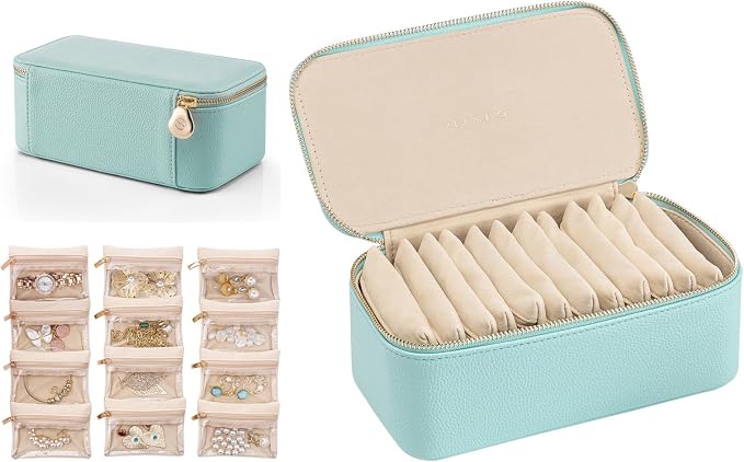 VLANDO Travel Jewelry Box Organizer – Portable PU Leather Jewelry Case with 6/8/12 Zippered Pouches, Compact Storage for Earrings Rings Necklaces Bracelets, Aqua Blue by VLANDO