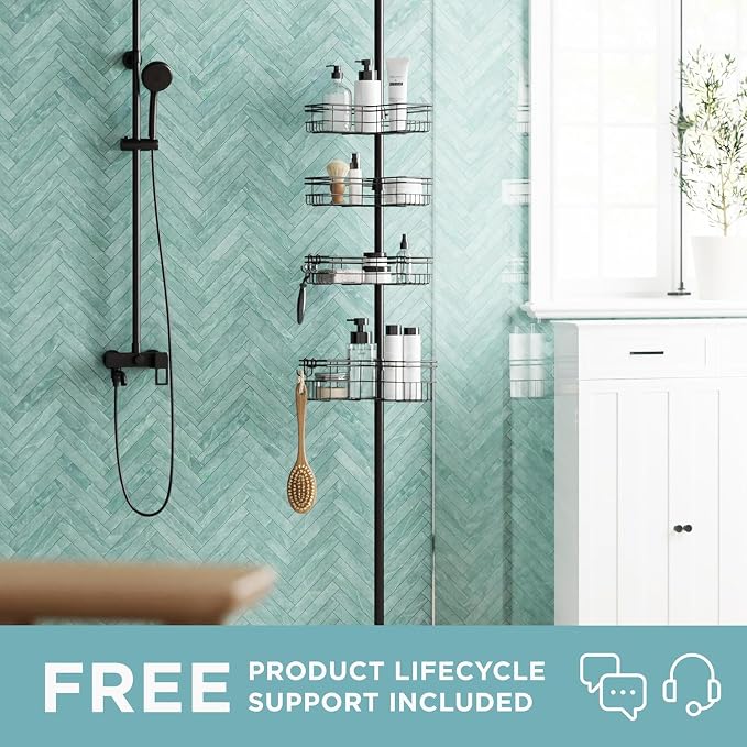 Zenna Home Tension Pole Shower Caddy Corner Organizer, Adjustable Standing Shower Caddy with 4 L-shaped Baskets and Hooks, Rust Resistant Bathroom Tension Rod Organizer, 60 to 97 Inch, Bronze - Image 2