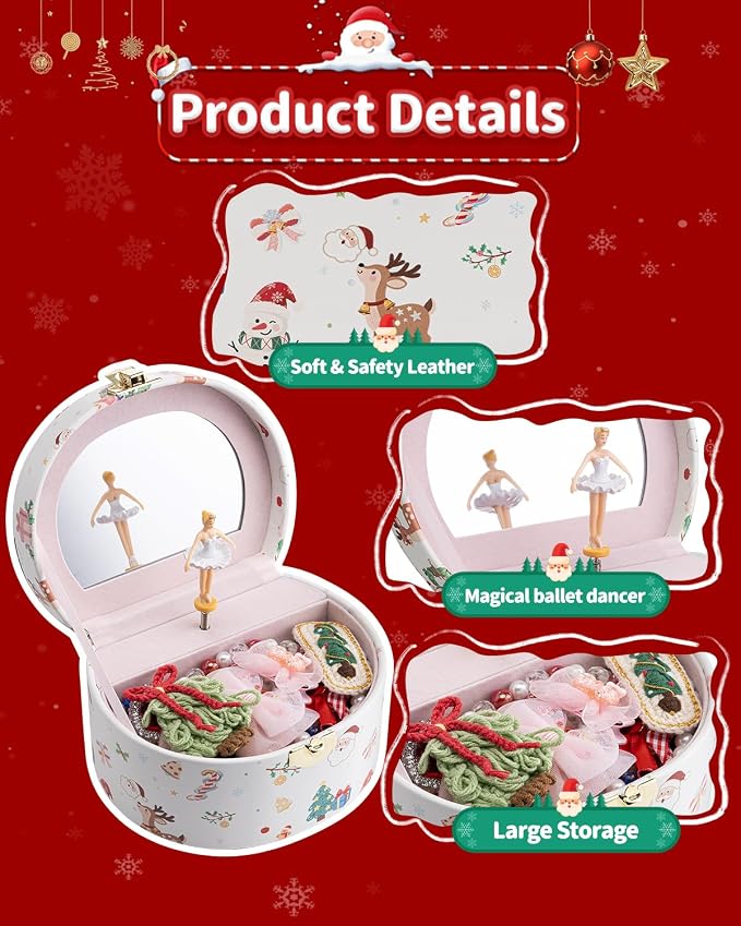 VLANDO Gifts for Girl, Musical Jewelry Box for Girls, Small Kid Music Box with Ballerina, Gifts for Christmas Girls Kids - Christmas White - Image 3