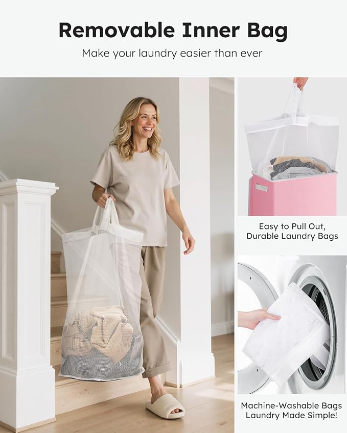 SOLEDI Laundry Hamper with Lid 100L Large & Tall Collapsible Laundry Basket, Clothes Hamper with Bag Removable Easy to Carry, Dirty Hampers for Bedroom, Bathroom, Dorm, College, Pink - Image 5