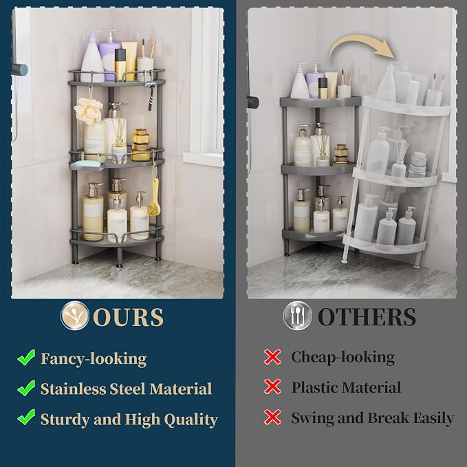Consumest Corner Shower Caddy Stand - 3 Tier Shower Organizer with Soap Holder, Tall Floor Corner Shelf Standing with Adjustable Feet & 4 Hooks, Storage Rack for Bathroom Grey - Image 3