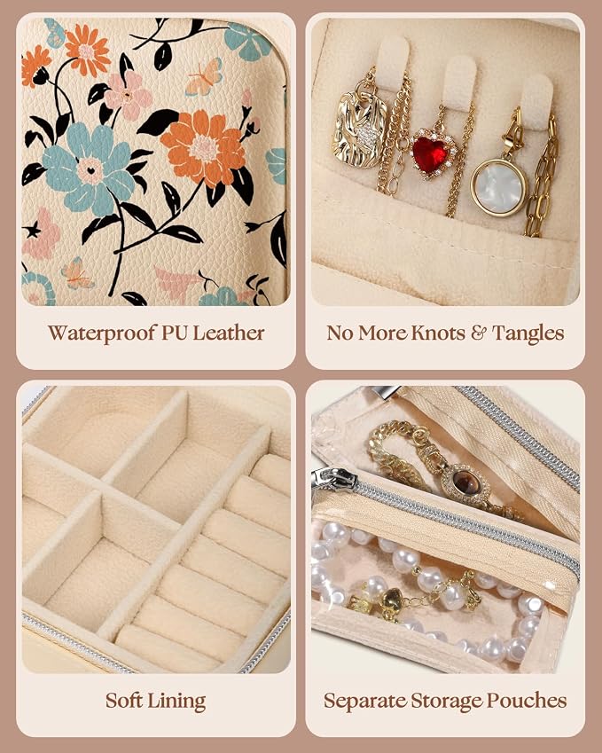 Bistup Travel Jewelry Case - Small Jewelry Organizers and Storage Box for Women Girls Teens Cute Traveling Jewelry Holder with Mirror Little Tiny Compact Blue Floral Modern Unique Aesthetic Pretty - Image 5