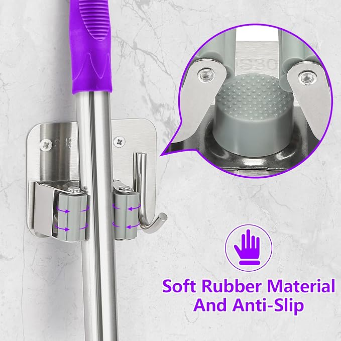 Broom Holder Wall Mount Screw Drilling, Sturdy Heavy Duty Stainless Steel Mop Gripper Rack Perforated, Perfect for Laundry Room Organizer, Fit with Laundry Kitchen Garage Garden Storage System - Image 3