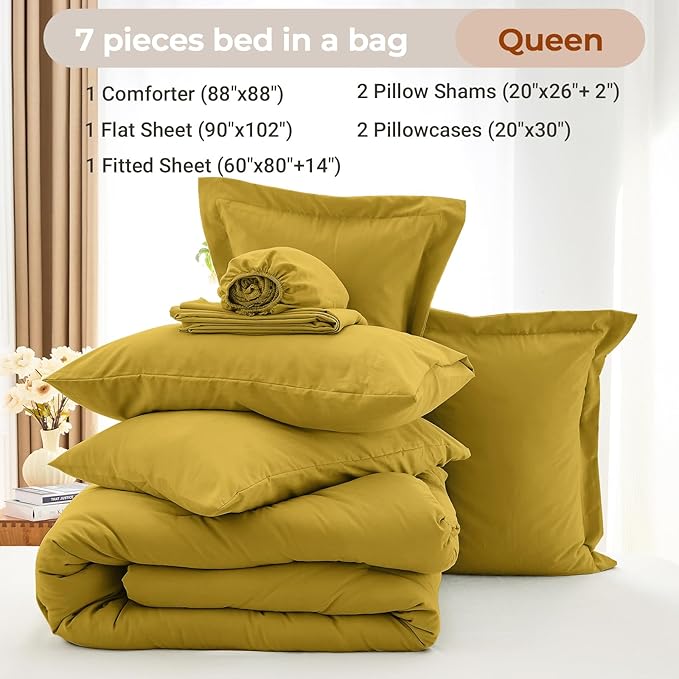 MUXHOMO 7 Pieces Queen Comforter Set, Soft Bed in a Bag Queen Size, All Season Bedding Set with Comforter, Flat Sheet, Fitted Sheet, Pillowcases & Shams, Mustard Yellow