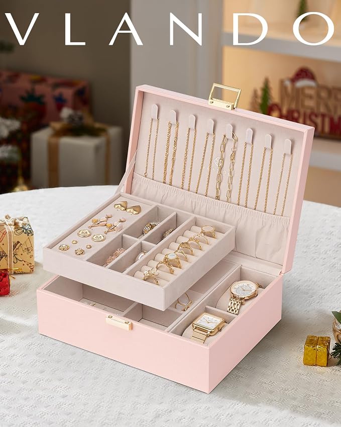 VLANDO 2 Layer Jewelry Box Large Jewelry Organizer for Mothers Day Mom Gifts Jewelery Tray with Watch Pillow for Necklace Earrings Rings Bracelets Jewelry Boxes for Holidays Gifts (Pink) - Image 8