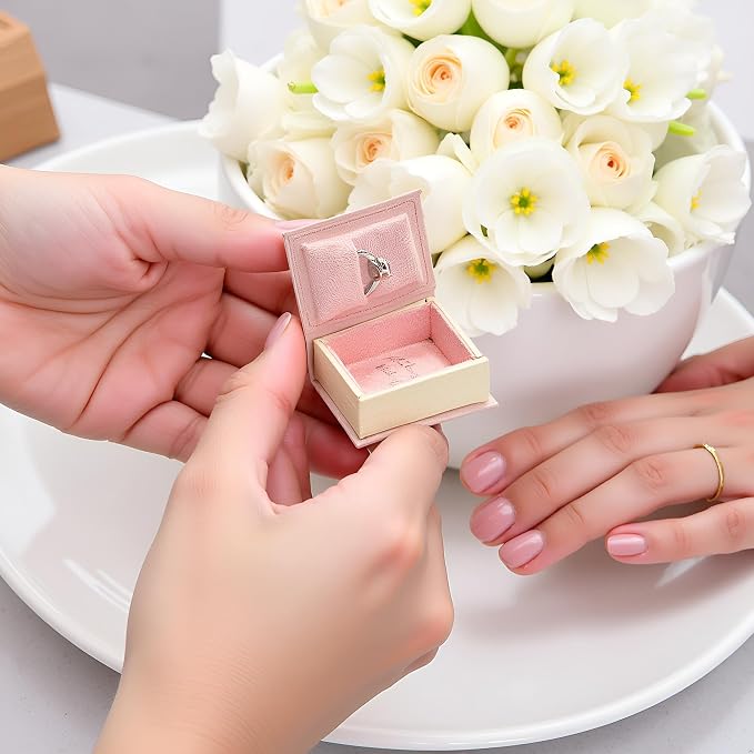 Book Shaped Ring Box - Vintage Engagement Ring Box with Hinged Lid for Proposal Engagement Wedding, Proposal Ring Case -PRB012-Pink - Image 4