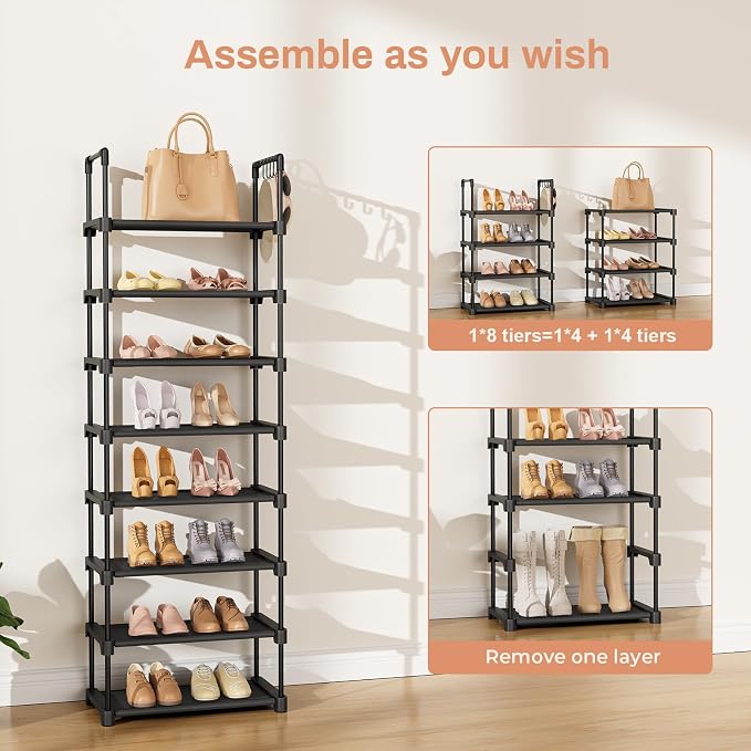 LANTEFUL Tall Shoe Rack 8 Tiers, 16-20 Pairs Shoe and Boots Organizer Storage Sturdy Shoe Shelf, Narrow Vertical Shoe Rack for Entryway, Closet, Metal Shoe Organizer with 5 Hooks - Image 5