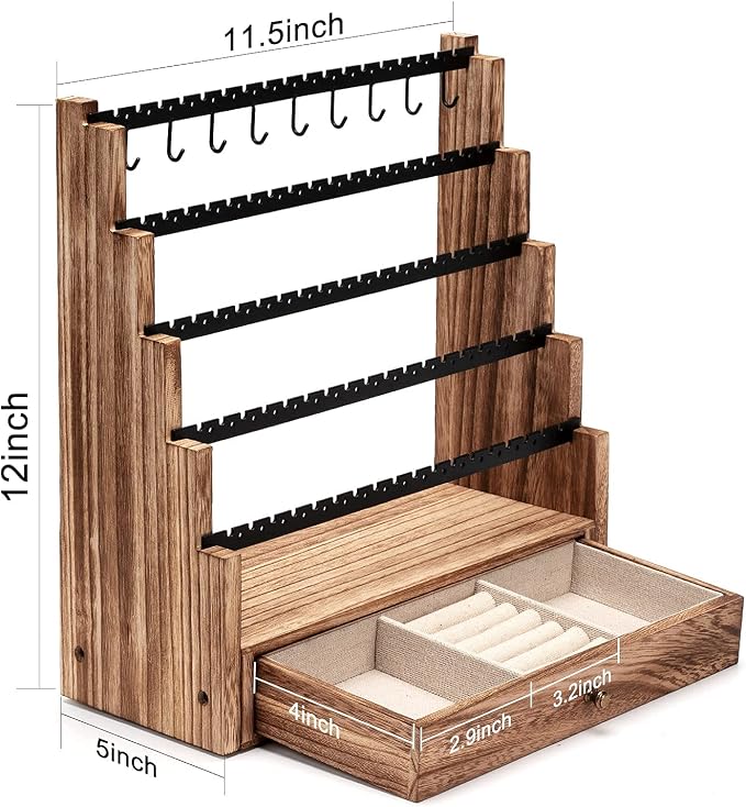 Pinzoveco Earring Organizer, 5 Layer Earring Holder Organizer with Necklace Holder Pole, Rustic Wood Jewelry Organizer Stand Display for Stud Earring Bracelet Necklace Ring, 175 Earring Holes - Image 6