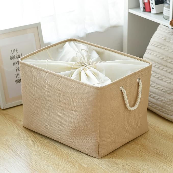 TheWarmHome Storage Bin for Shevles - Extra Jumbo 3Pack 20.5L×15.7W×13.8H inch Organization and Storage Basket for Organizing, Fabric Storage Cubes for Closet Shoe Linen Decorative (Beige) - Image 3