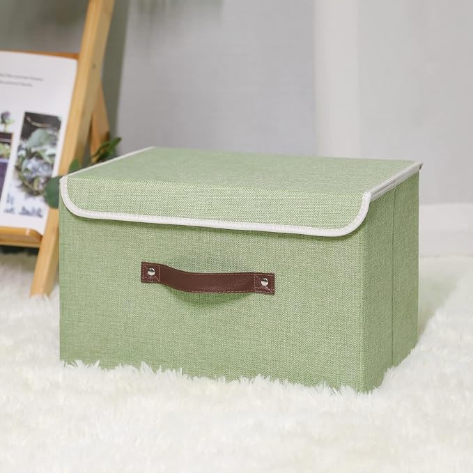 ANMINY Storage Bin with Lid Storage Boxes with PU Leather Handles PP Plastic Board Decorative Foldable Lidded Cotton Linen Fabric Home Cubes Baskets Closet Organizer Container - Green, Large Size - Image 6