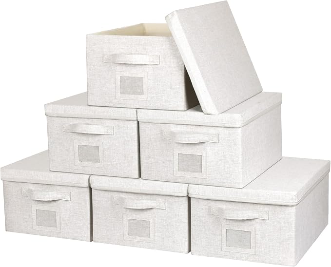 Large 17''x12'' Quart Collapsible Stackable Storage Bins with Lids, 6 Packs Off White Fabric Closet Boxes with Lids, Storage Cube Baskets Container Organizers for Bedroom Office(17''x12.2x''8'') by GraciadecoStorage