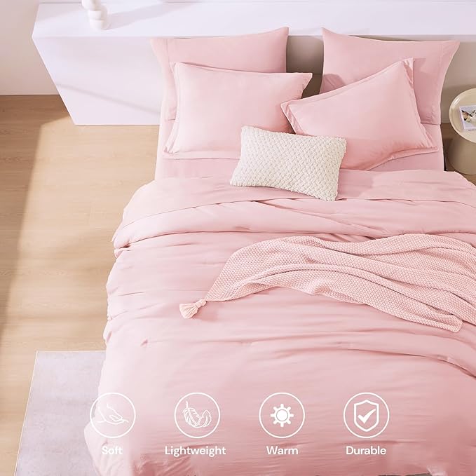 WRENSONGE Queen Comforter Set - 7 Pieces Soft Pink Soft Bed in a Bag Queen with Sheets, 2 Pillow Shams, and 2 Pillowcases- Warm Bedding Sets for All Season
