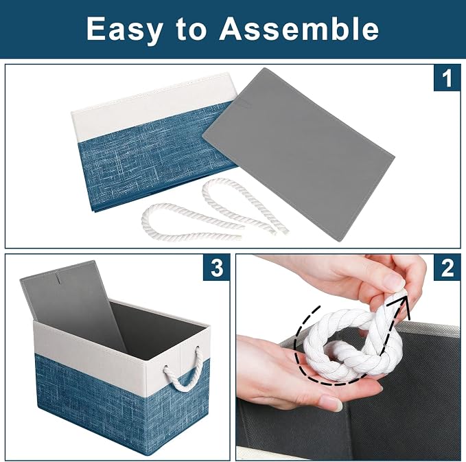 Fab totes Storage Bins [3-Pack], Foldable Storage Baskets for Organizing Toys, Books, Shelves, Closet, Large Storage Box with Rope Handles, Sturdy Organizer Bins, White & Blue - Image 4