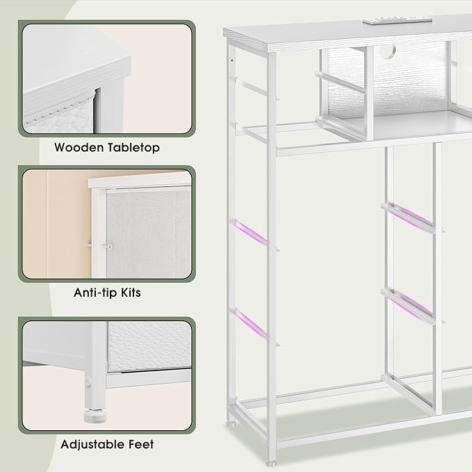 Romorgniz White Dresser for Bedroom with 10 Drawers Featuring LED Light and Power Outlet, Fabric Dressers & Chest of Drawers with Open Shelves for Hallway, Living Room, Steel Frame,Wood Top