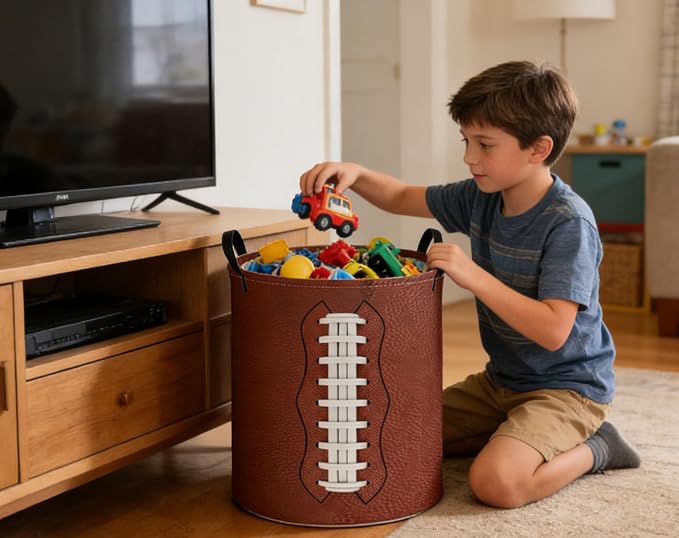 Kids Laundry Basket Football Hamper for Nursery Hamper Cute Kids Storage Bin Room Decor for Home(Football) - Image 5
