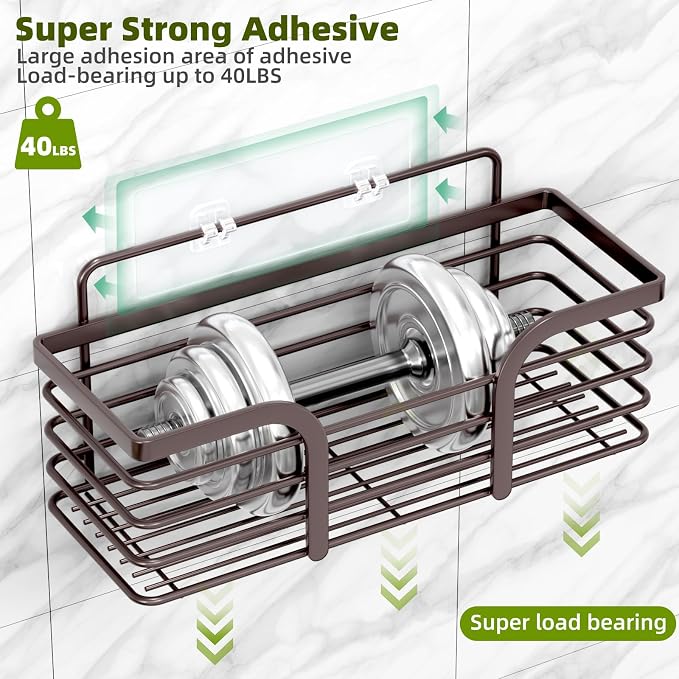 Yougai Shower Caddy, Shower Organizer with Soap Holder and Hooks, Rustproof Shower Shelves, No Drilling Bathroom Organizers and Storage, Wall-Mounted Kitchen & Home Decor (Brown) - Image 6
