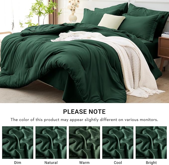 MUXHOMO 7 Pieces Full Comforter Set, Soft Bed in a Bag Full Size, All Season Bedding Set with Comforter, Flat Sheet, Fitted Sheet, Pillowcases & Shams, Dark Emerald Green