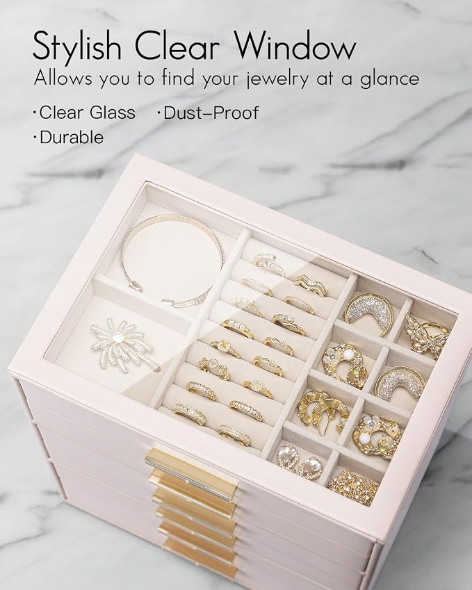 VLANDO 6 Layer Jewelry Box for Women, Glass Lid Jewelry Organizer with 6 Drawers for Necklaces Rings Earrings Bracelets - Light Pink - Image 3