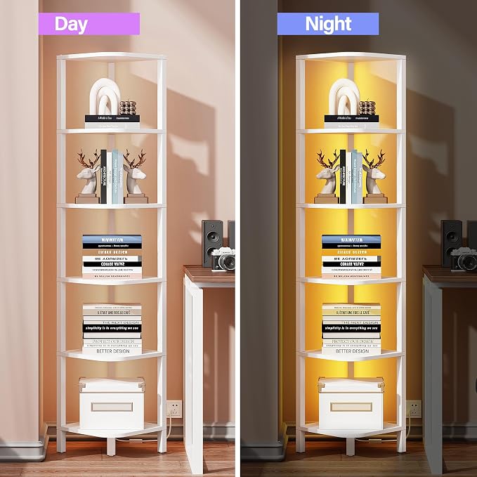 TUTOTAK Corner Shelf with LED Light, 6-Tier Corner Bookshelf for Small Space, Narrow Display Corner Shelf Stand with Storage Rack, for Living Room, Bedroom, White BS08BW006L - Image 5