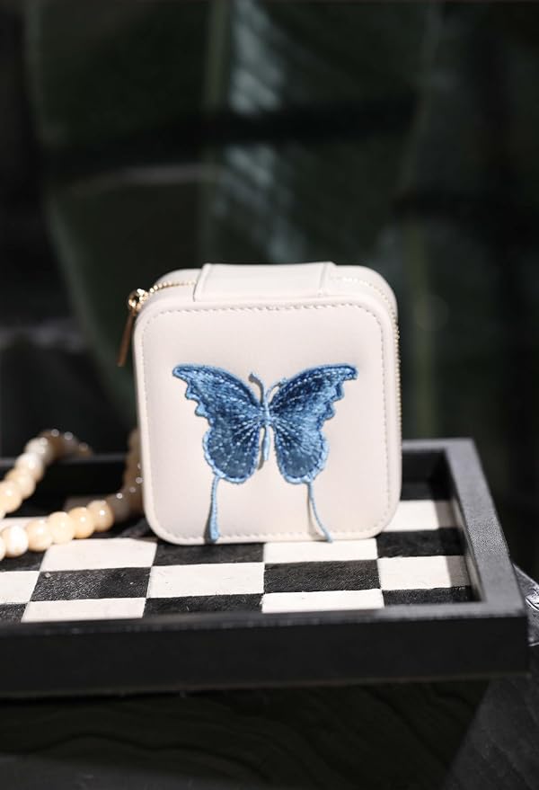 S.Leaf Travel Jewelry Organizer Boxes for Women Small Portable Necklace Earrings Bracelet Rings Travel Case Best Friend Birthday Gifts for Women Trendy (Butterfly_Beige_Blue) - Image 2