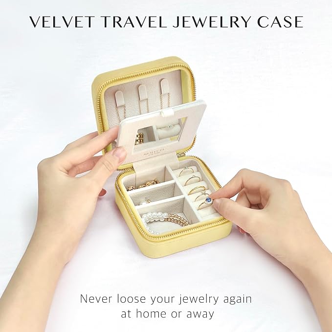 BLUTETE Travel Jewelry Box Organizer Velvet Travel Case With Mirror Ring Earrings Necklaces Storage Organizer Box (Lemon Yellow) - Image 3