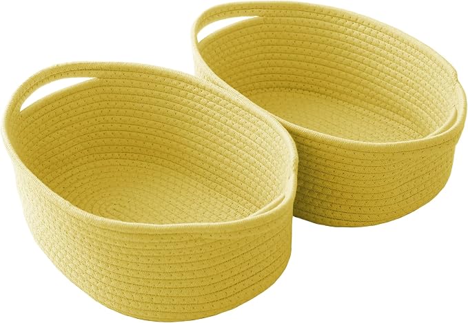 JMvicyroam Woven Basket,Small Rope Storage Bin with Handles & Ribbon Bag, Organizer for Shelves Closets,Gift Basket Empty for Birthday,Books,Dog Toys, Yellow/2 Pack by JMvicyroam