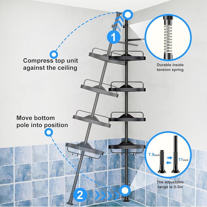 HAMITOR Corner Shower Caddy Tension Pole: Adjustable Stainless Steel Shower Organizer 4 Tier Shelf for Bathroom Bathtub Shampoo - Floor Standing Rack Bath Storage Holder with Rust Proof Rods - Black - Image 6