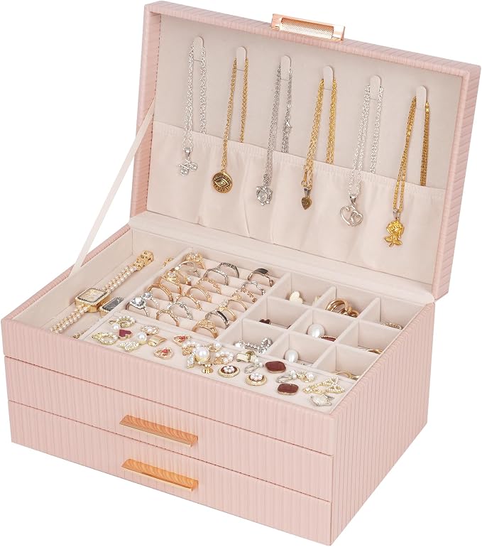 Dajasan Jewelry Box Organizer, 3-Tier Jewelry Storage Organizer with 2 Drawers, Large Jewelry Box for Girls Women, PU Leather Surface with Texture, Gift Idea, Modern Style (Pink) by DAJASAN