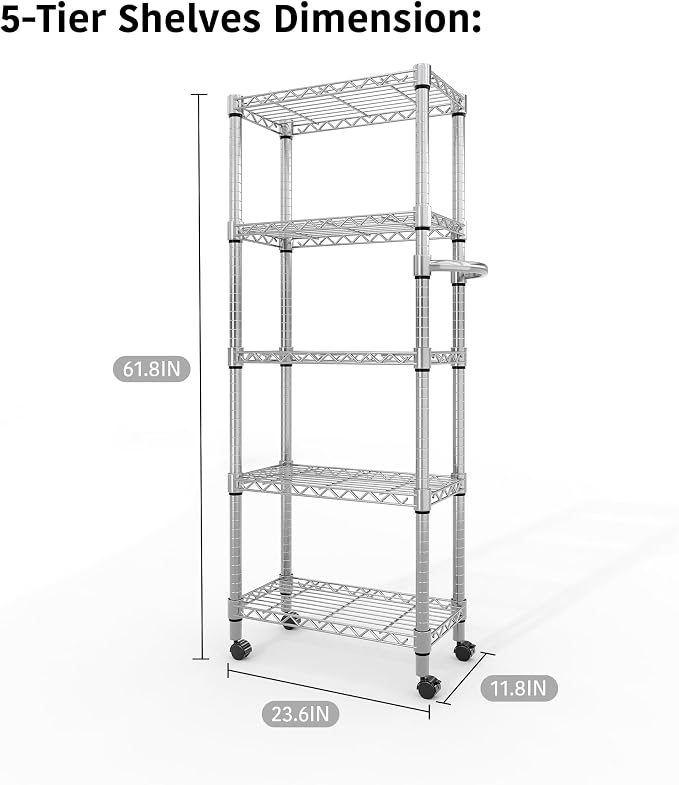 Garvee 5-Tier Storage Shelves Heavy Duty Metal Wire Rack Shelving, 1100 LBS Capacity Rolling Storage Rack with Wheels, for Living Room Pantry Kitchen Bedroom Organization - Image 3