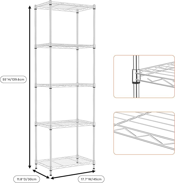 M MZG 5 Tiers Shelf Metal Storage Shelves Wire Rack Closet Organizers with Wheel for Garage Kitchen Bathroom Laundry Chrome 11.8" D x 17.7" W x 55" H - Image 3