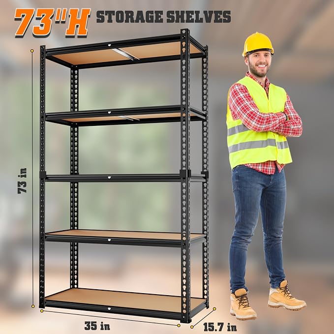 LEVELEVE 5-Tier Storage Shelving Unit, Metal, for Kitchen, Garage, Laundry Room, Adjustable, 35" L x 16" W x 73" H, Rectangular - Image 3