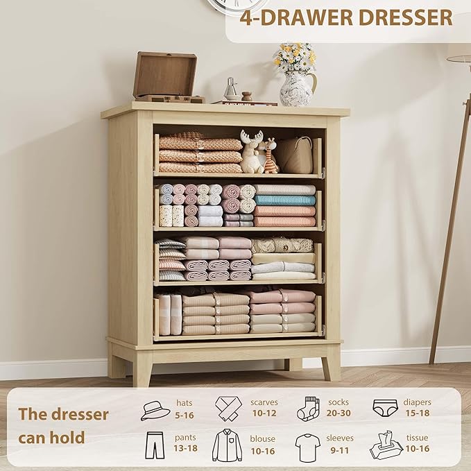 GarveeHome 4 Dresser for Bedroom, 34.8" Tall Vertical Drawer Dresser with Large Storage, Freestanding Wooden Closet Chest for Bedroom, Living Room