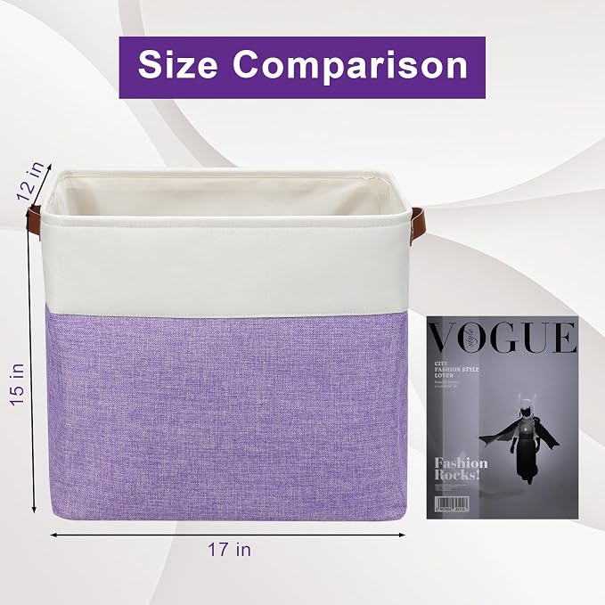 Bagnizer Large Fabric Storage Baskets | 50L Storage Bins, Decorative Linen Closet Baskets with Handles for Organizing, Shelf, Toys, Clothes, Home, Office, Nursery, 17x12x15Inches (Purple&White) - Image 3
