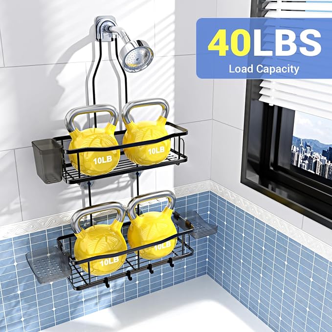Aitatty Hanging Shower Caddy Bathroom Organizer: Rustproof Shower Shelf Racks Over Shower Head - No Drilling Inside Bath Shower Rack Shelves Over Showerhead for Shampoo with Soap Holder Black - Image 4